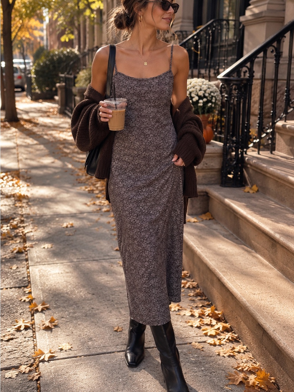 Floral Slip Midi Dress in Brown